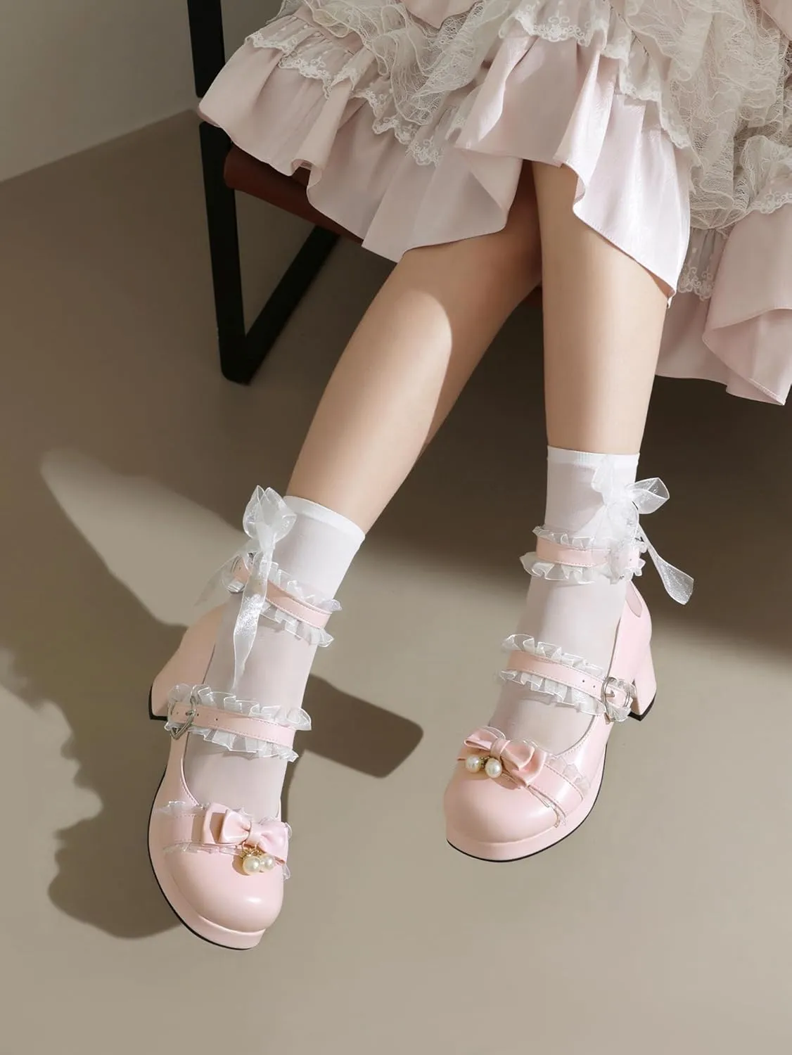 100FIXEO Women's Kawaii Platform Ankle Strap Chunky Heel Mary Jane Pumps Cute Closed Toe Goth Strappy Bow Lace Party Dress Shoes