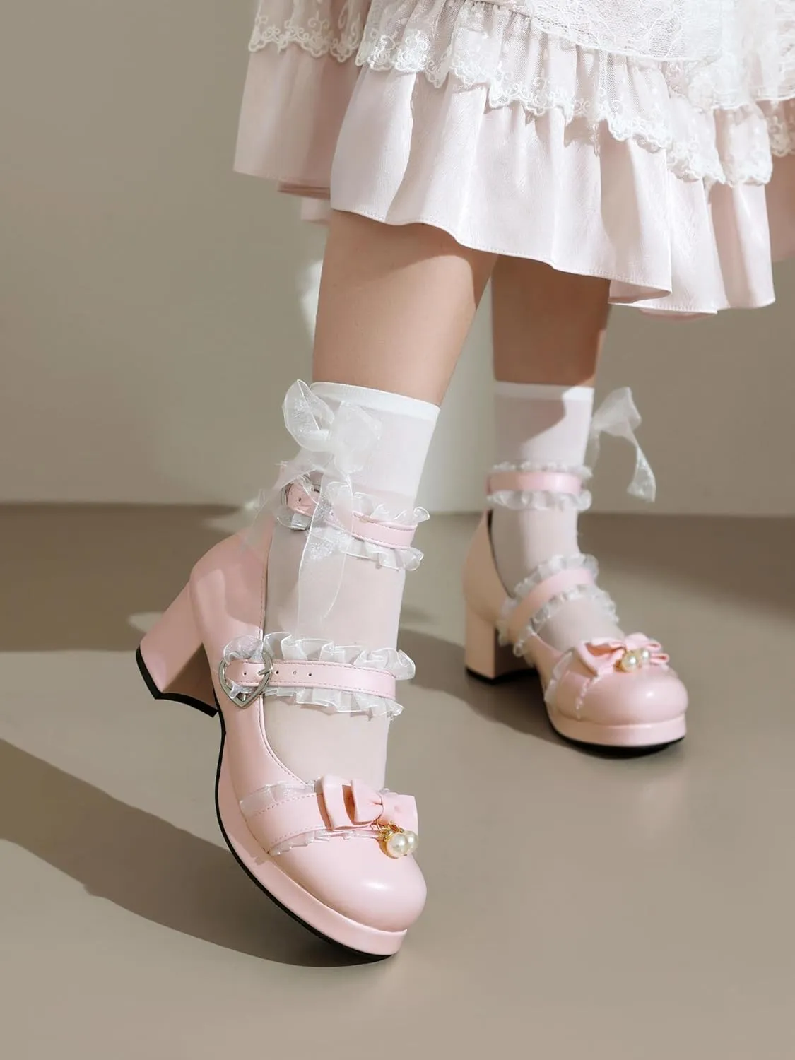 100FIXEO Women's Kawaii Platform Ankle Strap Chunky Heel Mary Jane Pumps Cute Closed Toe Goth Strappy Bow Lace Party Dress Shoes