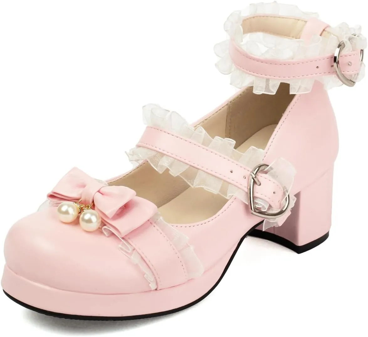 100FIXEO Women's Kawaii Platform Ankle Strap Chunky Heel Mary Jane Pumps Cute Closed Toe Goth Strappy Bow Lace Party Dress Shoes
