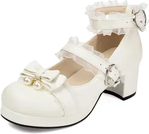 100FIXEO Women's Kawaii Platform Ankle Strap Chunky Heel Mary Jane Pumps Cute Closed Toe Goth Strappy Bow Lace Party Dress Shoes