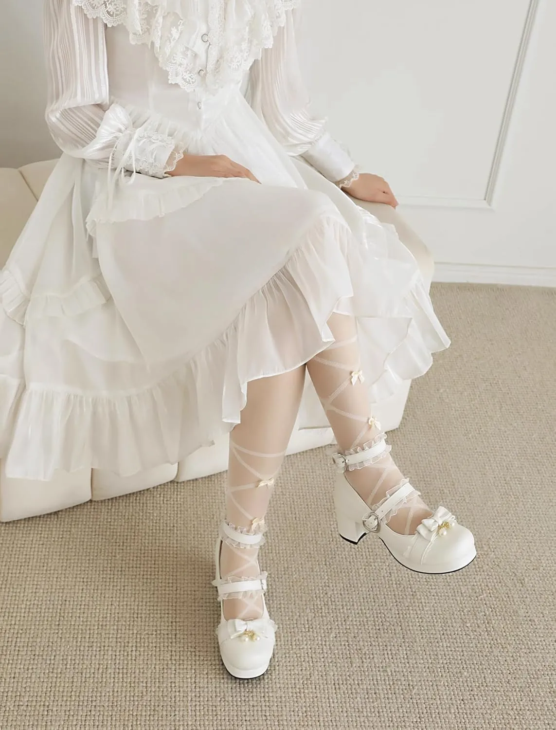 100FIXEO Women's Kawaii Platform Ankle Strap Chunky Heel Mary Jane Pumps Cute Closed Toe Goth Strappy Bow Lace Party Dress Shoes