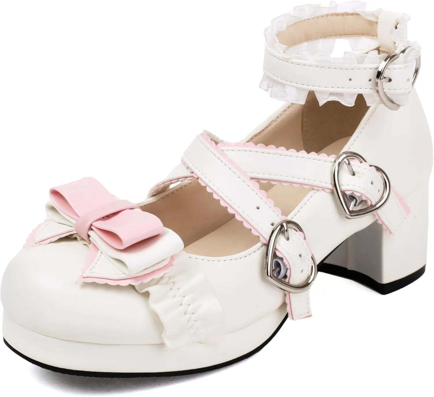 100FIXEO Women's Kawaii Platform Ankle Strap Chunky Heel Mary Jane Pumps Cute Closed Toe Goth Strappy Bow Lace Party Dress Shoes