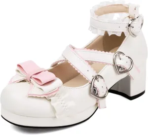 100FIXEO Women's Kawaii Platform Ankle Strap Chunky Heel Mary Jane Pumps Cute Closed Toe Goth Strappy Bow Lace Party Dress Shoes
