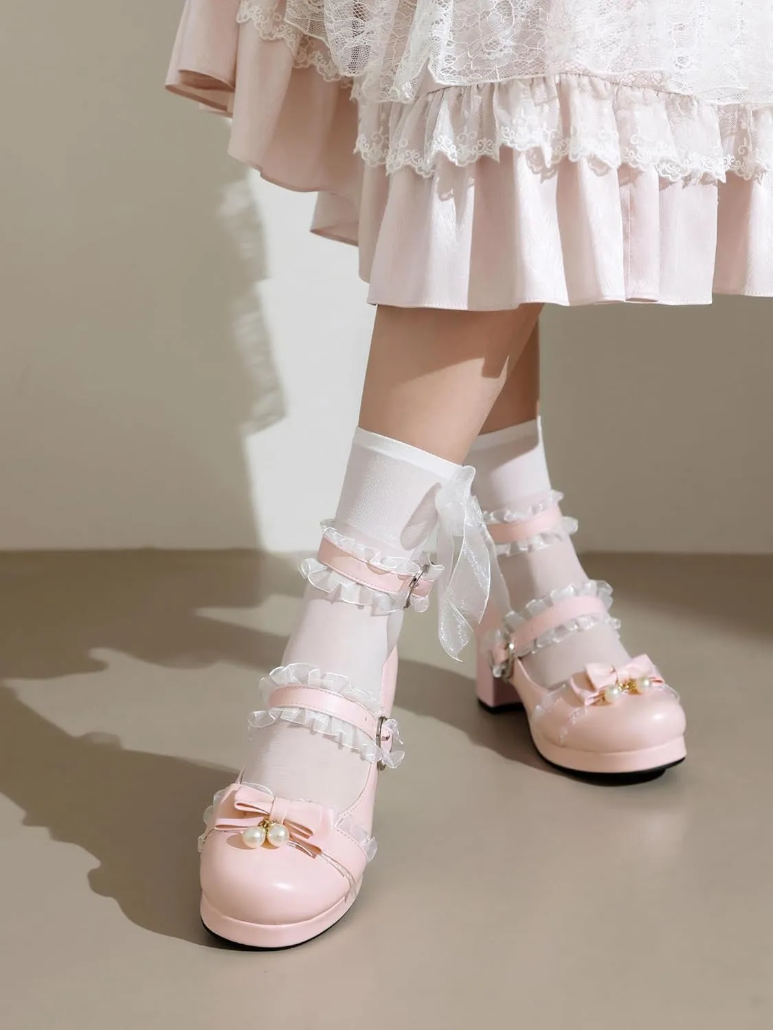 100FIXEO Women's Kawaii Platform Ankle Strap Chunky Heel Mary Jane Pumps Cute Closed Toe Goth Strappy Bow Lace Party Dress Shoes