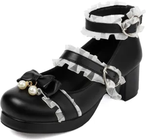 100FIXEO Women's Kawaii Platform Ankle Strap Chunky Heel Mary Jane Pumps Cute Closed Toe Goth Strappy Bow Lace Party Dress Shoes