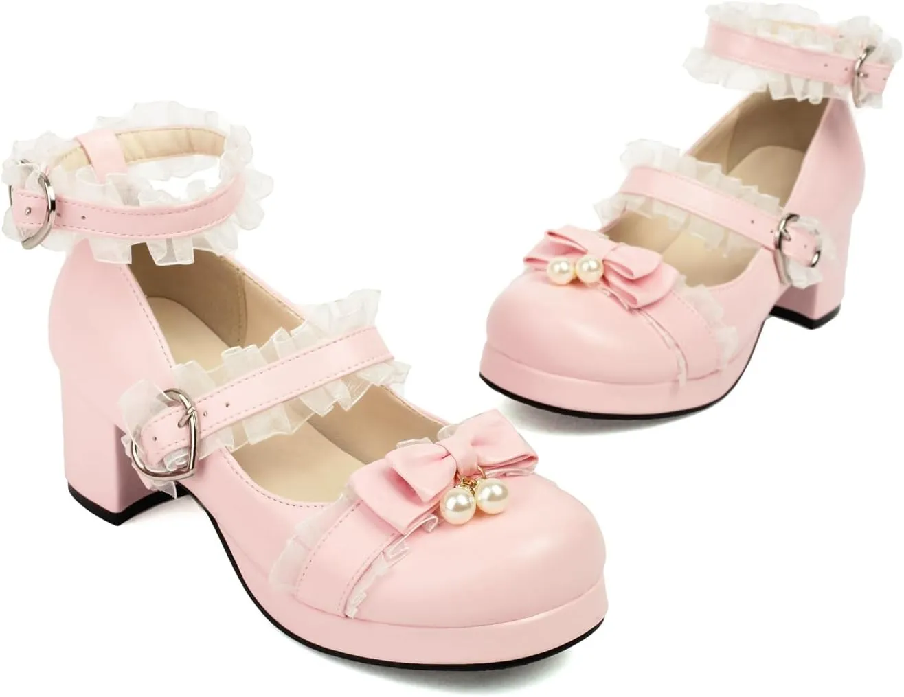 100FIXEO Women's Kawaii Platform Ankle Strap Chunky Heel Mary Jane Pumps Cute Closed Toe Goth Strappy Bow Lace Party Dress Shoes