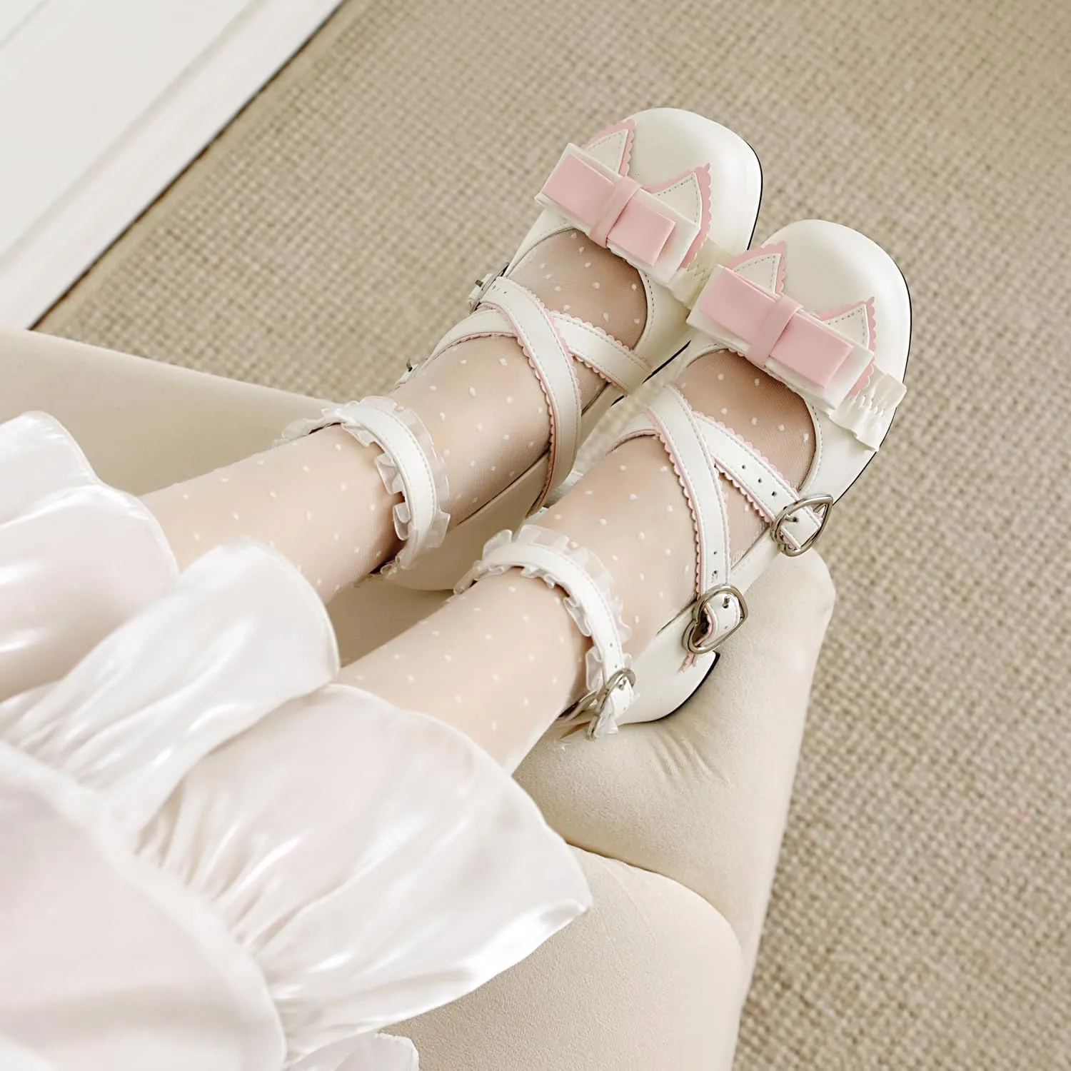 100FIXEO Women's Kawaii Platform Ankle Strap Chunky Heel Mary Jane Pumps Cute Closed Toe Goth Strappy Bow Lace Party Dress Shoes