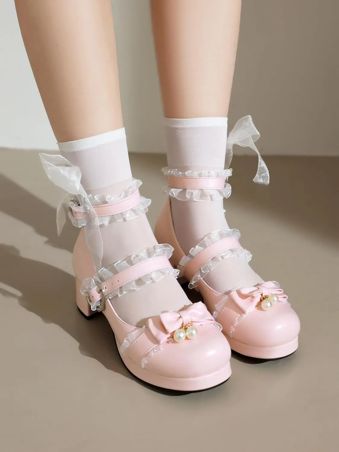 100FIXEO Women's Kawaii Platform Ankle Strap Chunky Heel Mary Jane Pumps Cute Closed Toe Goth Strappy Bow Lace Party Dress Shoes