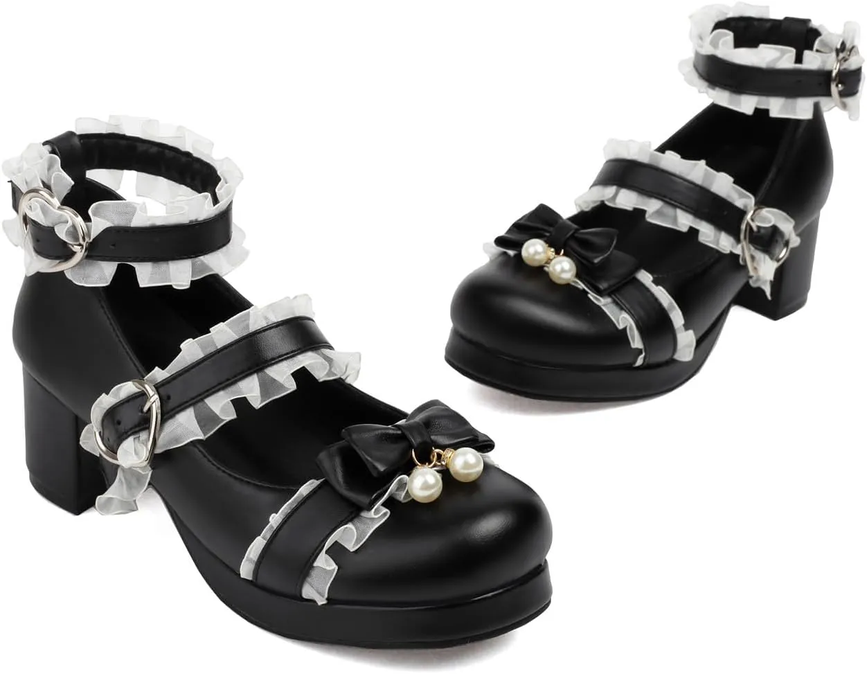 100FIXEO Women's Kawaii Platform Ankle Strap Chunky Heel Mary Jane Pumps Cute Closed Toe Goth Strappy Bow Lace Party Dress Shoes