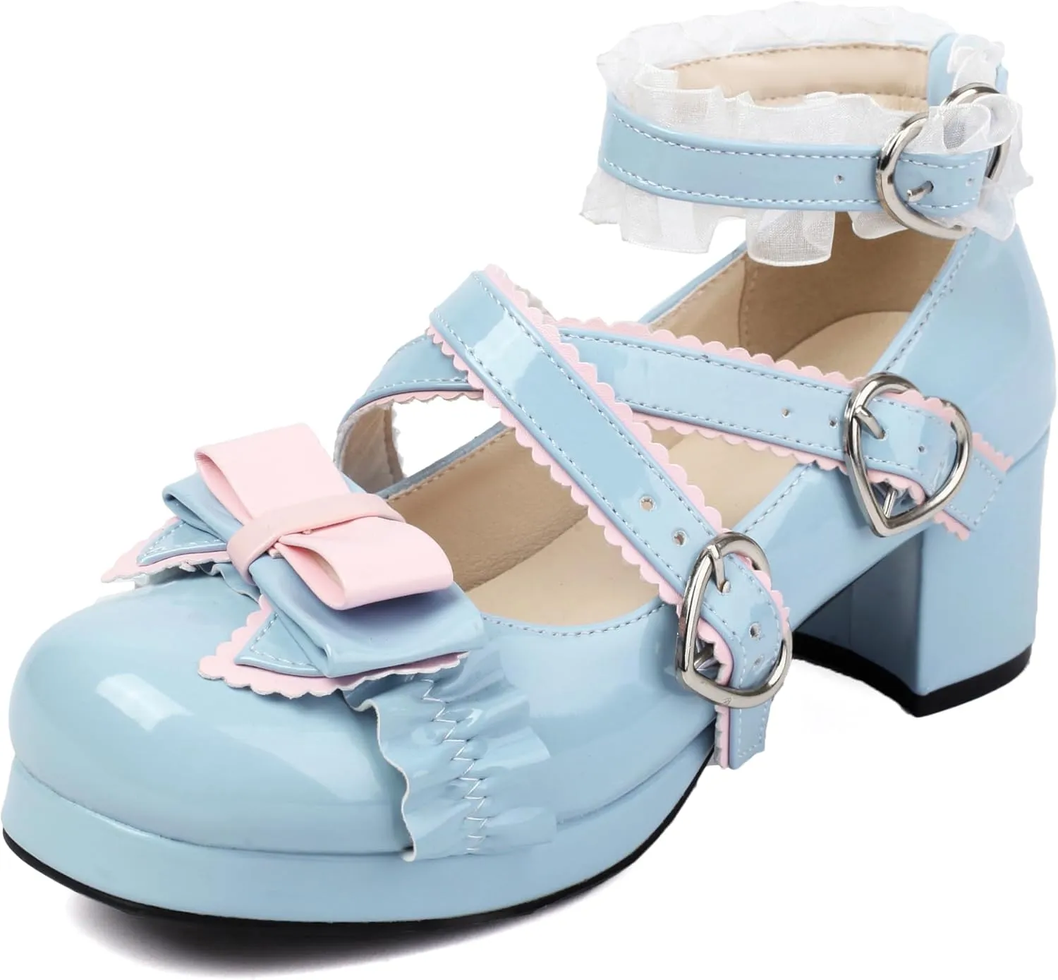 100FIXEO Women's Kawaii Platform Ankle Strap Chunky Heel Mary Jane Pumps Cute Closed Toe Goth Strappy Bow Lace Party Dress Shoes