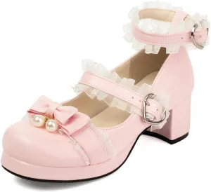 100FIXEO Women's Kawaii Platform Ankle Strap Chunky Heel Mary Jane Pumps Cute Closed Toe Goth Strappy Bow Lace Party Dress Shoes