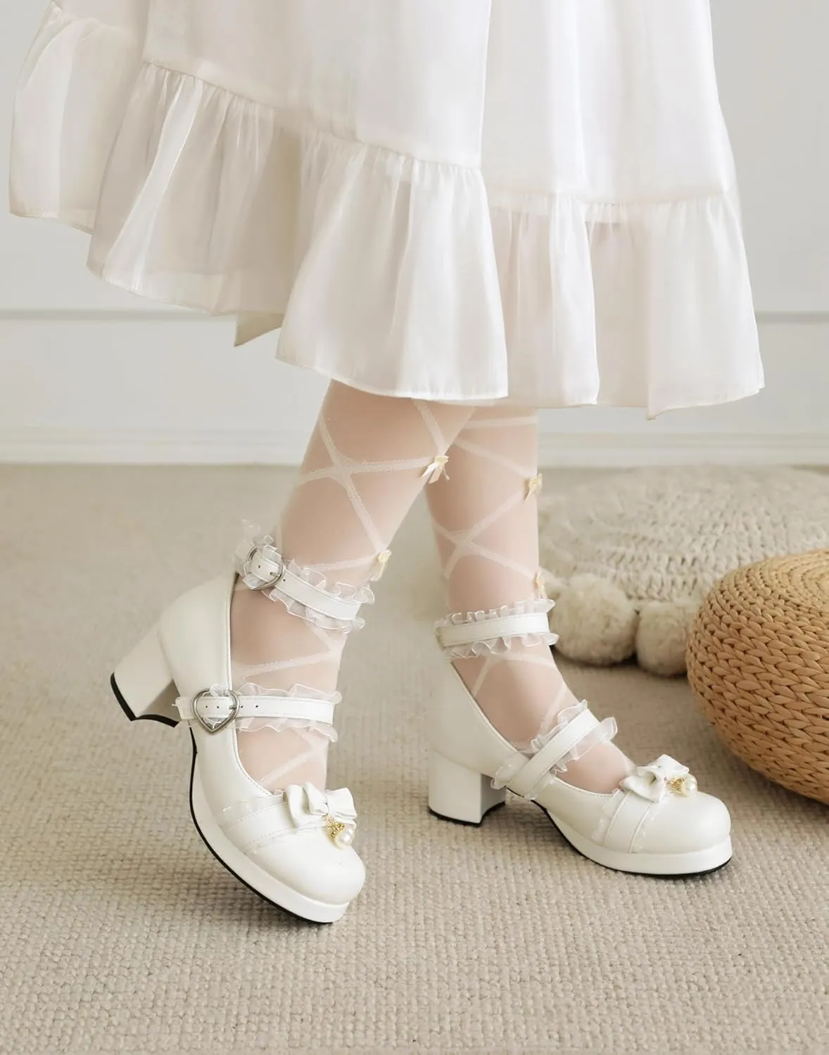 100FIXEO Women's Kawaii Platform Ankle Strap Chunky Heel Mary Jane Pumps Cute Closed Toe Goth Strappy Bow Lace Party Dress Shoes