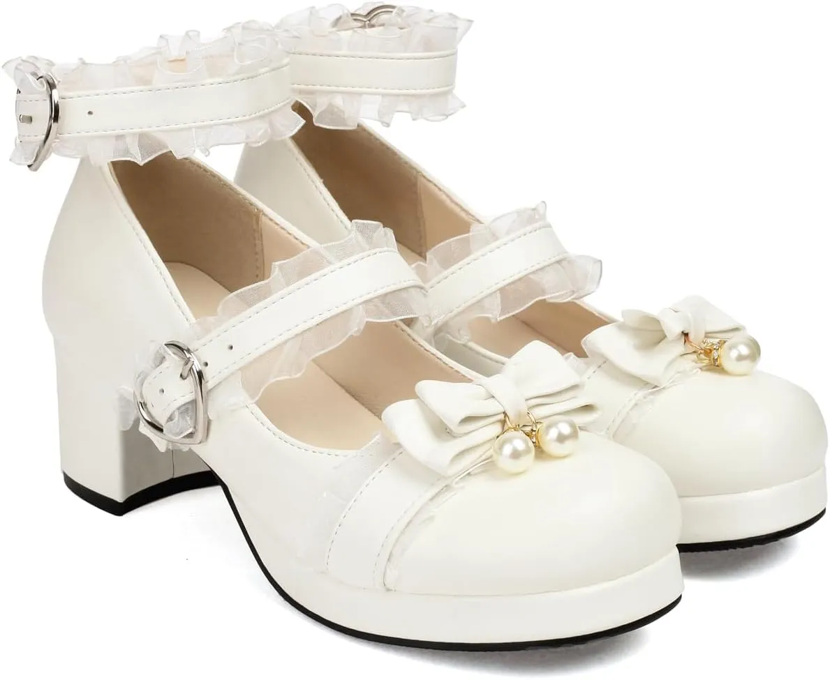 100FIXEO Women's Kawaii Platform Ankle Strap Chunky Heel Mary Jane Pumps Cute Closed Toe Goth Strappy Bow Lace Party Dress Shoes