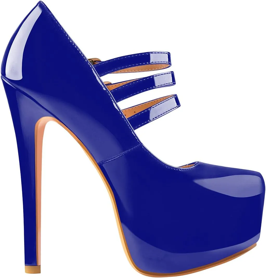 15cm Platform Round Toe Patent High Heel Stiletto Ankle Strap Pumps