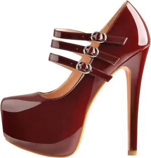 15cm Platform Round Toe Patent High Heel Stiletto Ankle Strap Pumps