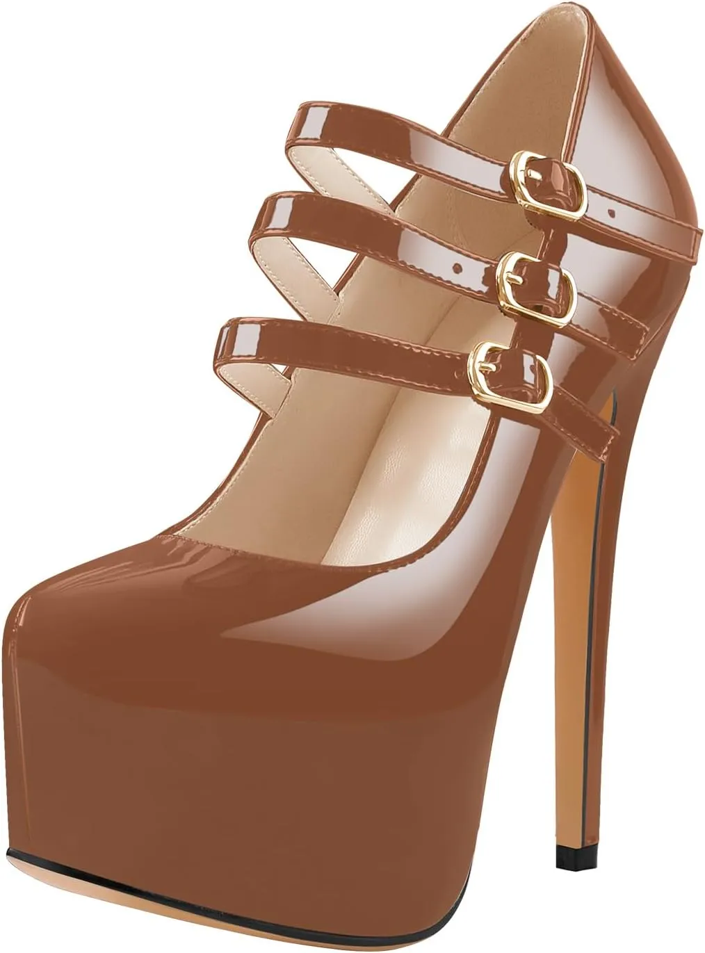 15cm Platform Round Toe Patent High Heel Stiletto Ankle Strap Pumps
