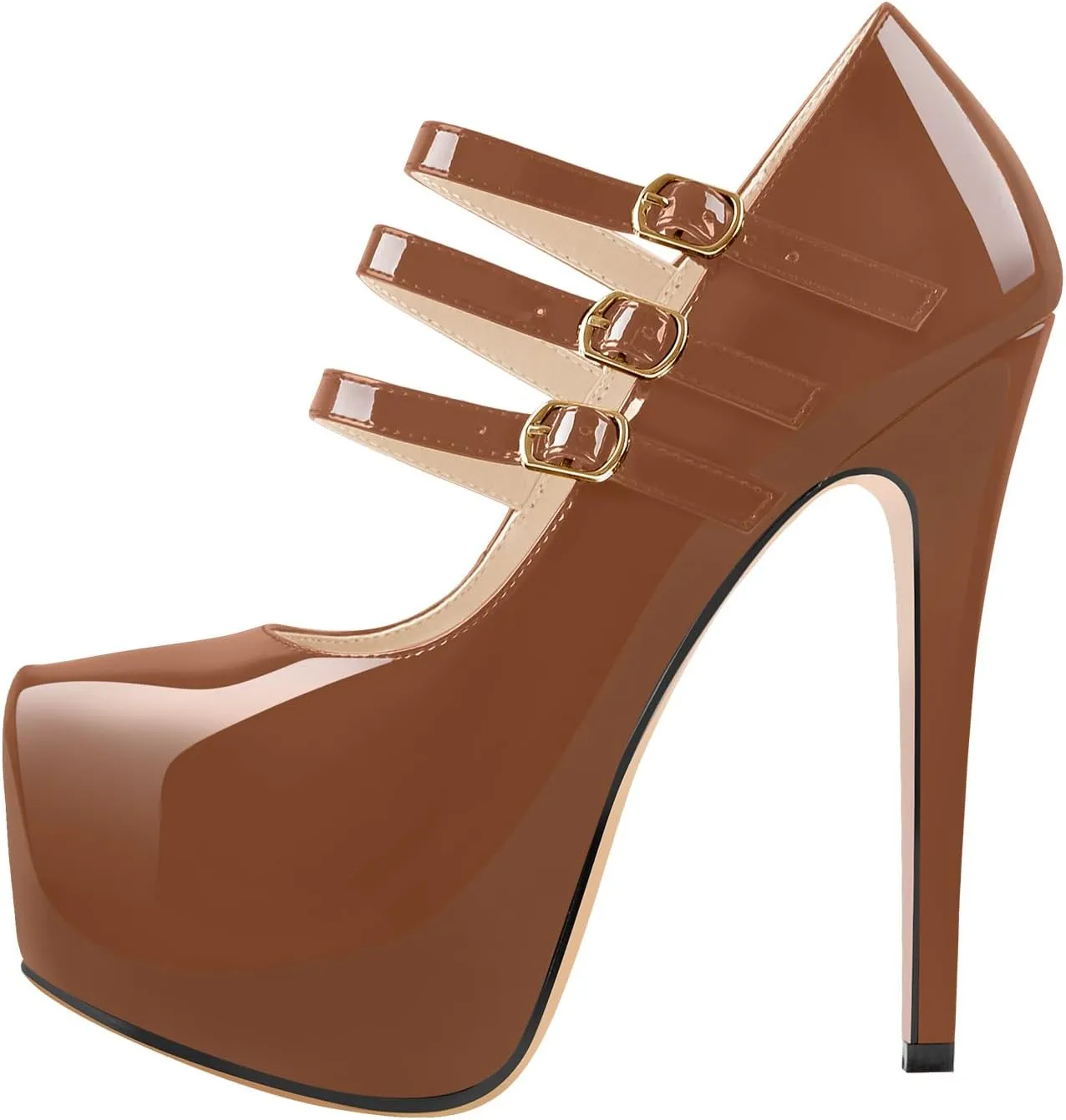 15cm Platform Round Toe Patent High Heel Stiletto Ankle Strap Pumps