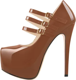 15cm Platform Round Toe Patent High Heel Stiletto Ankle Strap Pumps