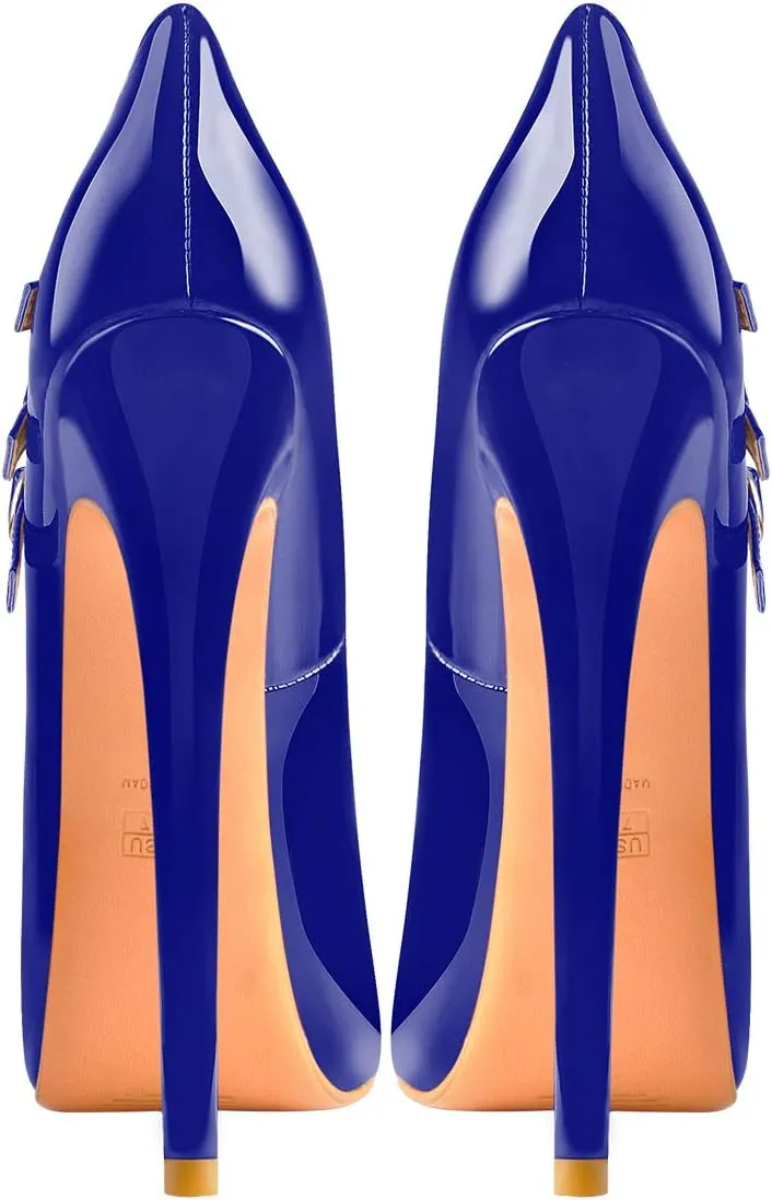 15cm Platform Round Toe Patent High Heel Stiletto Ankle Strap Pumps