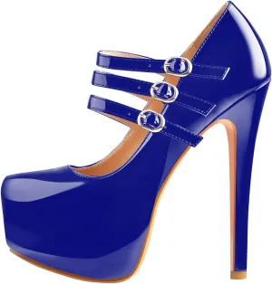 15cm Platform Round Toe Patent High Heel Stiletto Ankle Strap Pumps