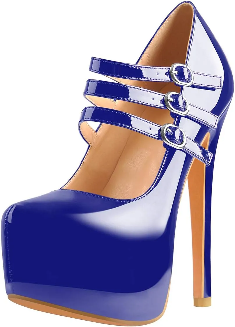 15cm Platform Round Toe Patent High Heel Stiletto Ankle Strap Pumps