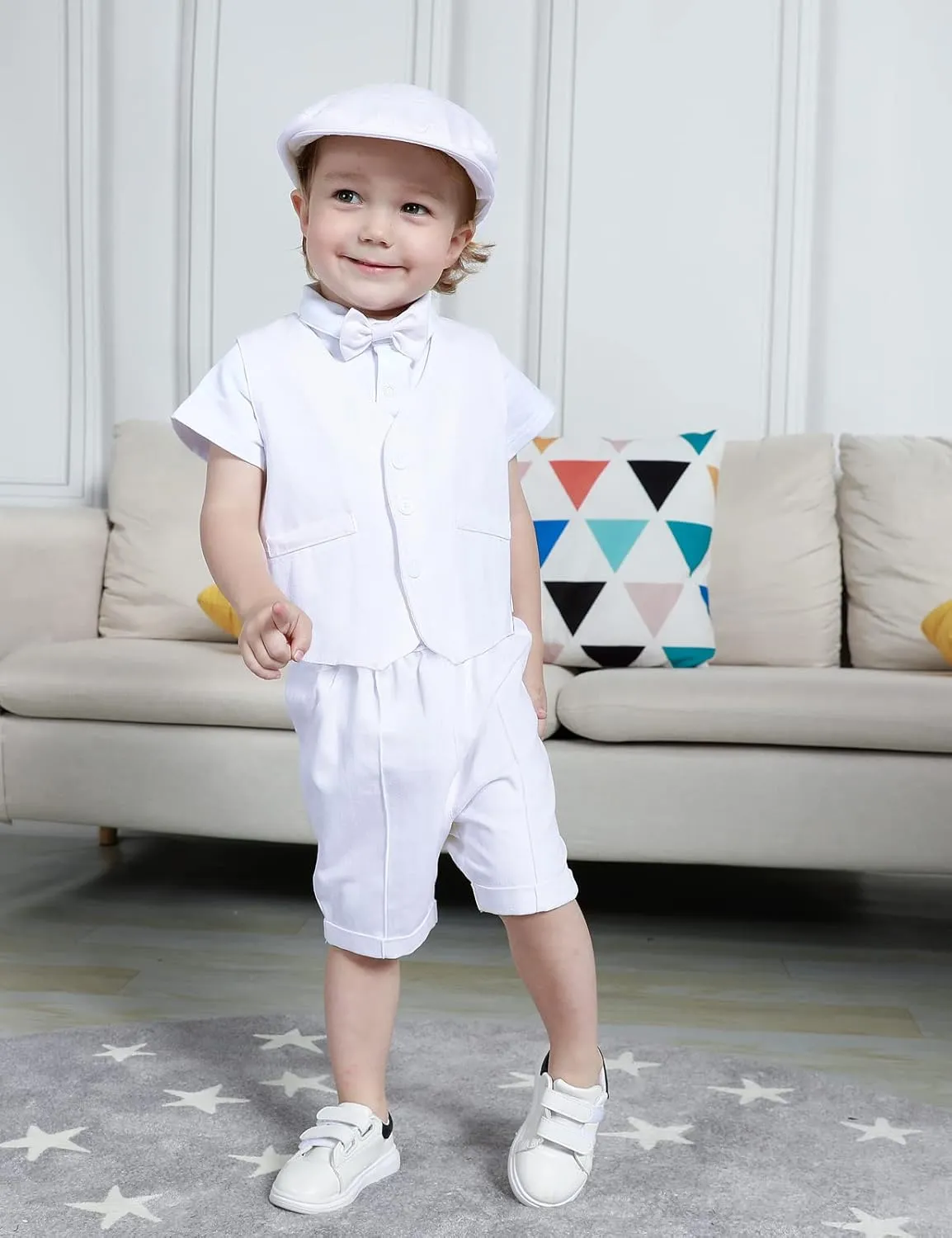 A&J DESIGN 5pcs Toddler Baby Boys Suit Set, 12 Months - 3T, Gentleman Suit Shirt & Shorts & Vest & Hat & Bow Tie