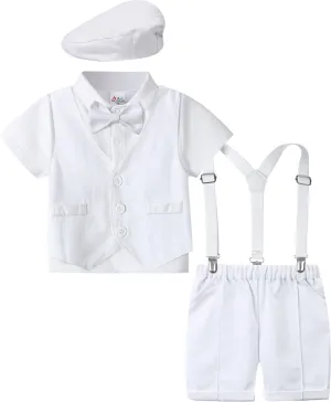 A&J DESIGN 5pcs Toddler Baby Boys Suit Set, 12 Months - 3T, Gentleman Suit Shirt & Shorts & Vest & Hat & Bow Tie