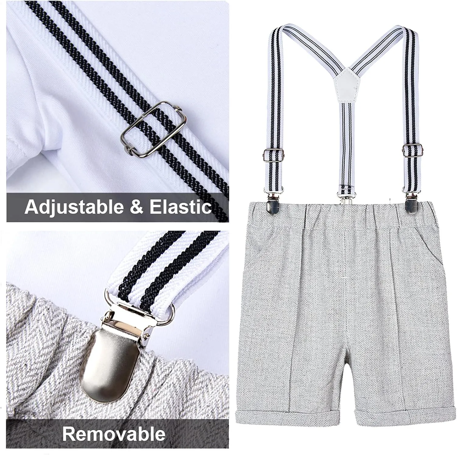 A&J DESIGN 5pcs Toddler Baby Boys Suit Set, 12 Months - 3T, Gentleman Suit Shirt & Shorts & Vest & Hat & Bow Tie