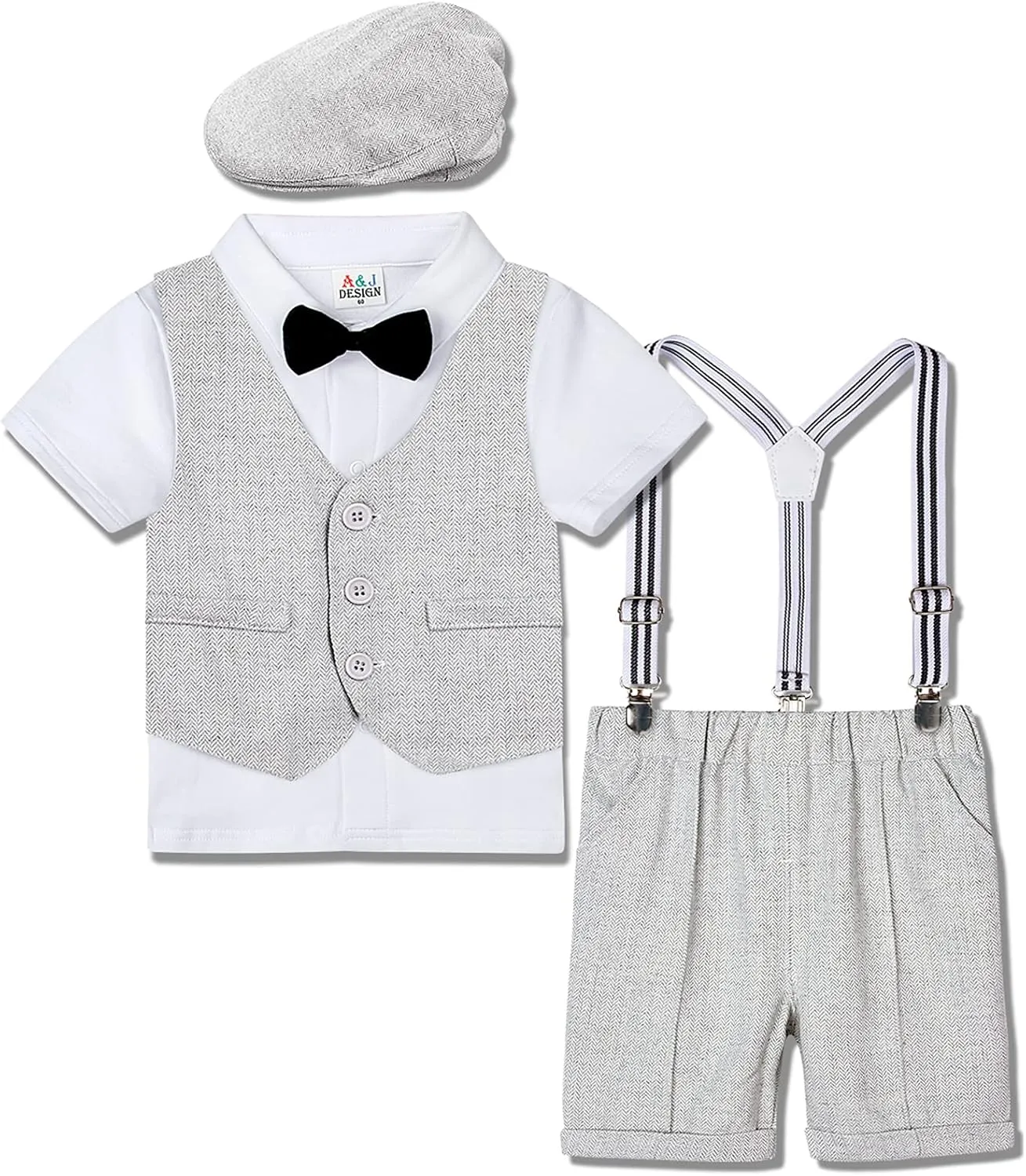 A&J DESIGN 5pcs Toddler Baby Boys Suit Set, 12 Months - 3T, Gentleman Suit Shirt & Shorts & Vest & Hat & Bow Tie
