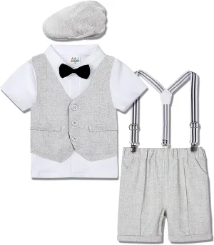 A&J DESIGN 5pcs Toddler Baby Boys Suit Set, 12 Months - 3T, Gentleman Suit Shirt & Shorts & Vest & Hat & Bow Tie