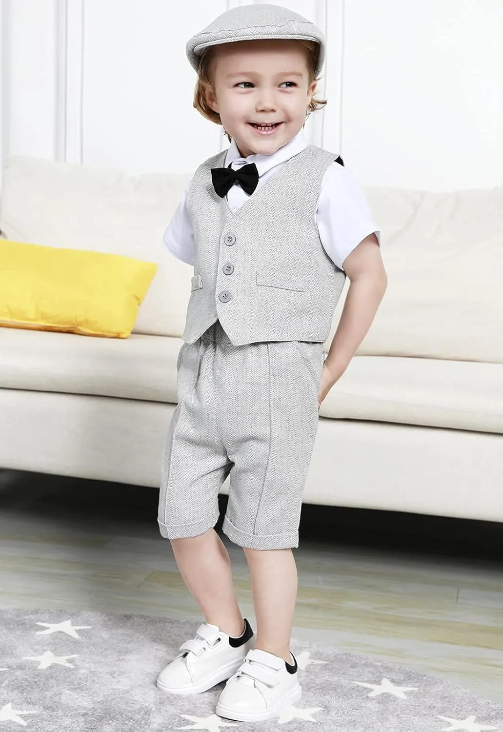 A&J DESIGN 5pcs Toddler Baby Boys Suit Set, 12 Months - 3T, Gentleman Suit Shirt & Shorts & Vest & Hat & Bow Tie