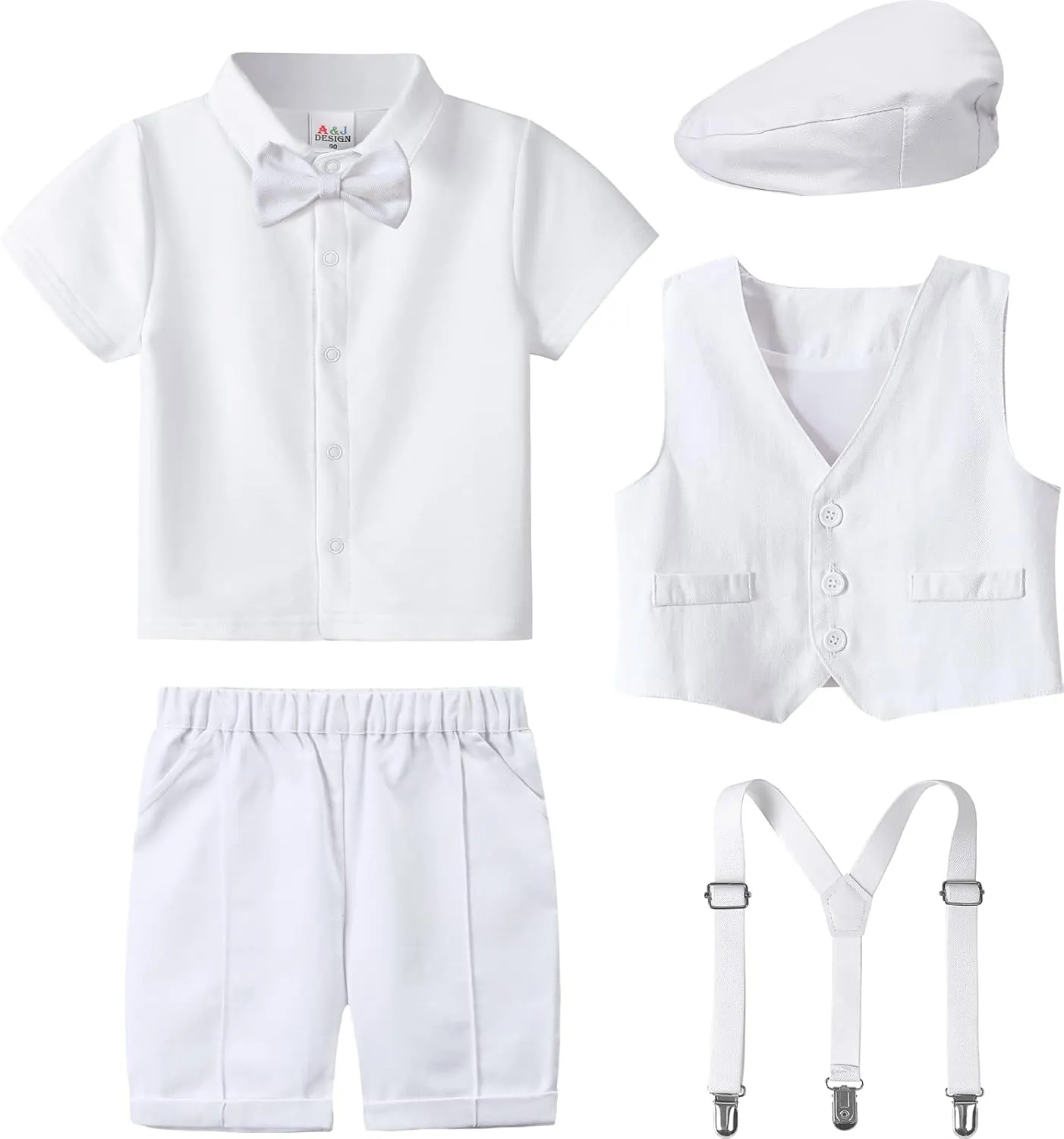 A&J DESIGN 5pcs Toddler Baby Boys Suit Set, 12 Months - 3T, Gentleman Suit Shirt & Shorts & Vest & Hat & Bow Tie