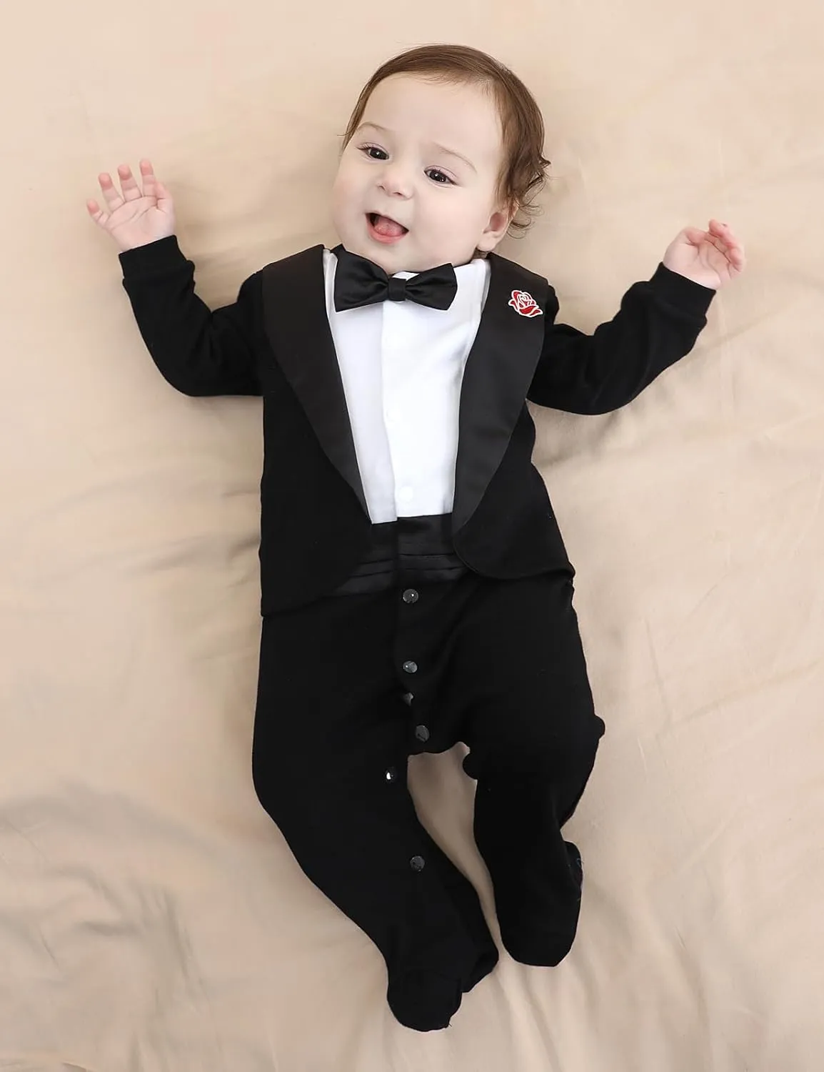 A&J DESIGN Baby Boy Tuxedo Gentleman Footie One-piece Romper with Bow Tie Newborn-9 Months
