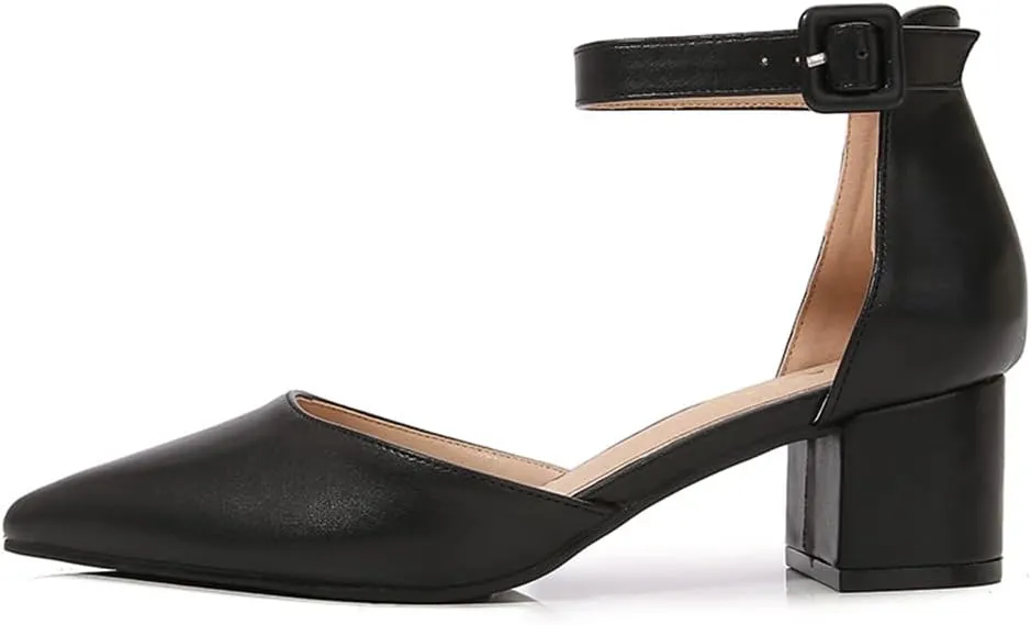 Amoji Women's 2 inch Pointed Toe Low Chunky Heels Dress Pumps Heeled Shoes with Ankle Strap 412