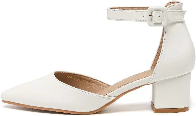 Amoji Women's 2 inch Pointed Toe Low Chunky Heels Dress Pumps Heeled Shoes with Ankle Strap 412
