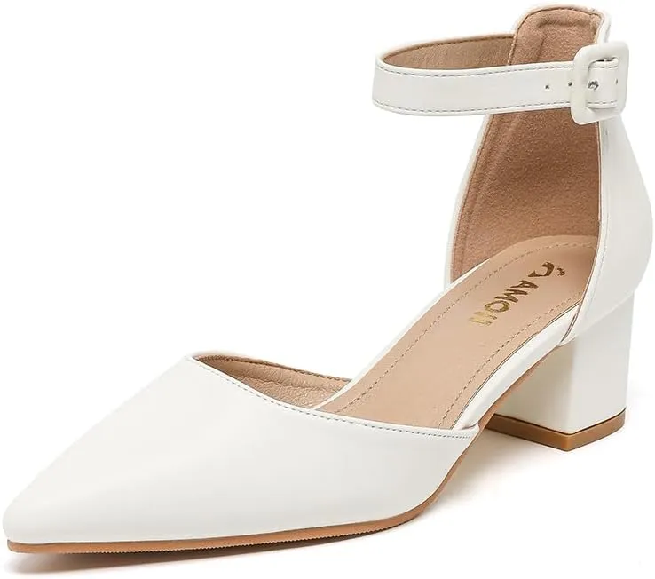 Amoji Women's 2 inch Pointed Toe Low Chunky Heels Dress Pumps Heeled Shoes with Ankle Strap 412