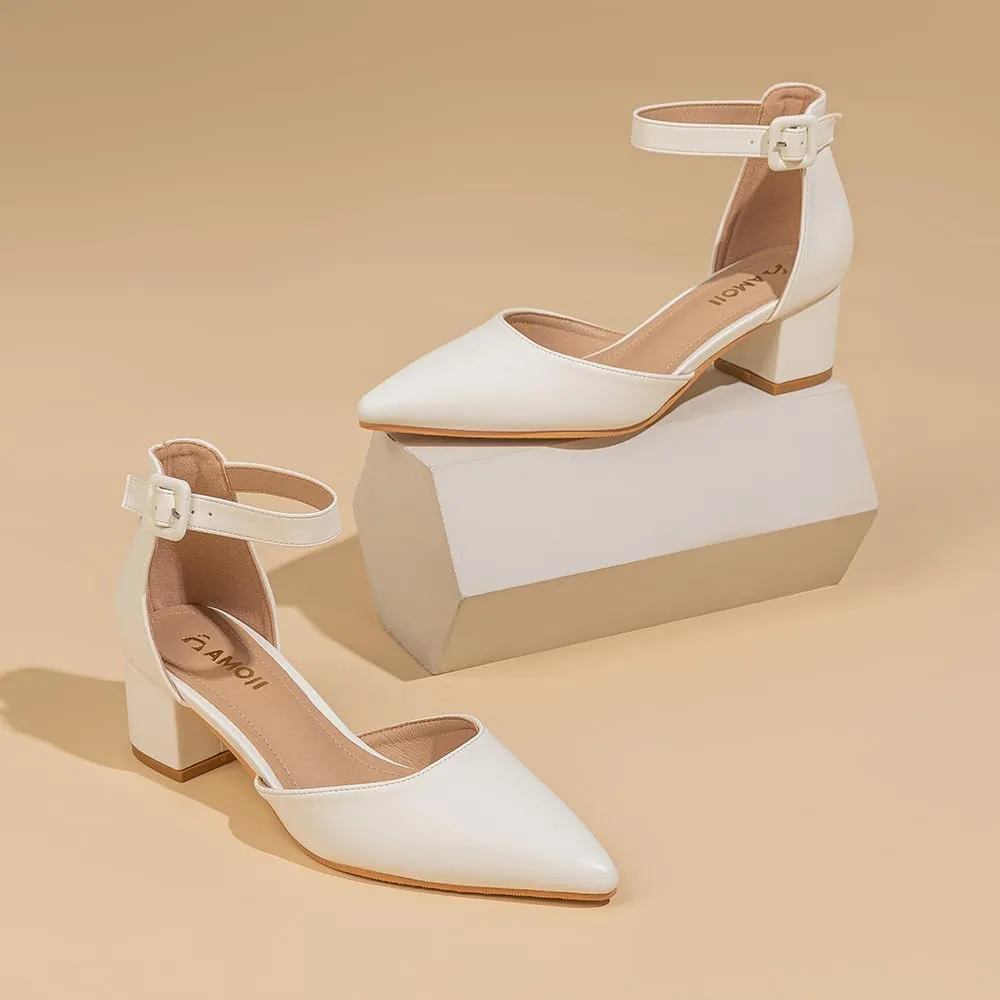 Amoji Women's 2 inch Pointed Toe Low Chunky Heels Dress Pumps Heeled Shoes with Ankle Strap 412
