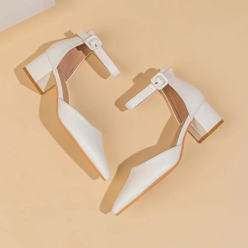 Amoji Women's 2 inch Pointed Toe Low Chunky Heels Dress Pumps Heeled Shoes with Ankle Strap 412