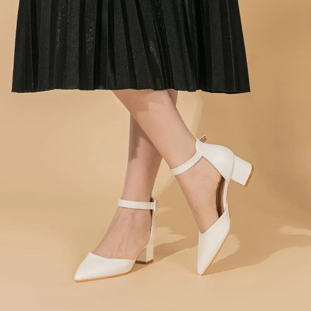 Amoji Women's 2 inch Pointed Toe Low Chunky Heels Dress Pumps Heeled Shoes with Ankle Strap 412