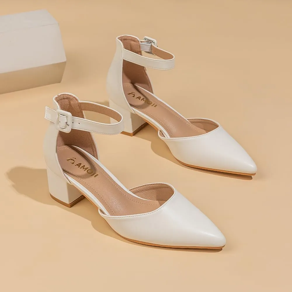Amoji Women's 2 inch Pointed Toe Low Chunky Heels Dress Pumps Heeled Shoes with Ankle Strap 412