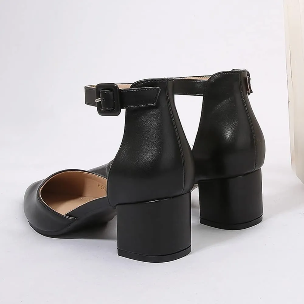 Amoji Women's 2 inch Pointed Toe Low Chunky Heels Dress Pumps Heeled Shoes with Ankle Strap 412
