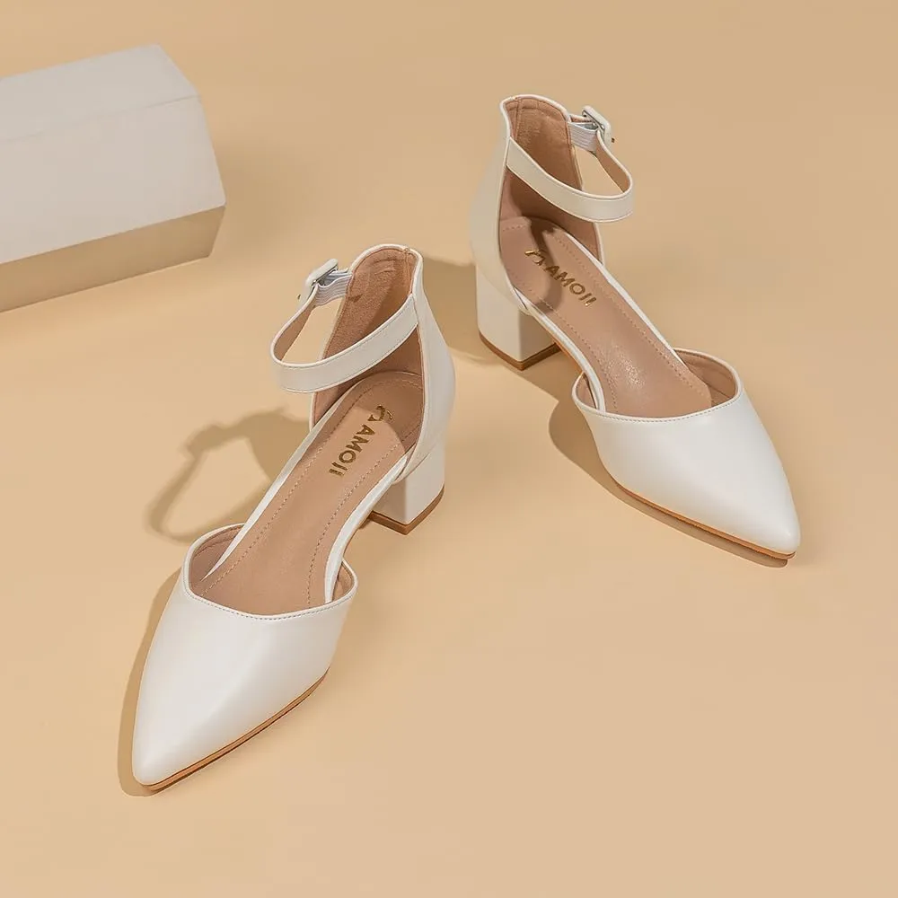 Amoji Women's 2 inch Pointed Toe Low Chunky Heels Dress Pumps Heeled Shoes with Ankle Strap 412
