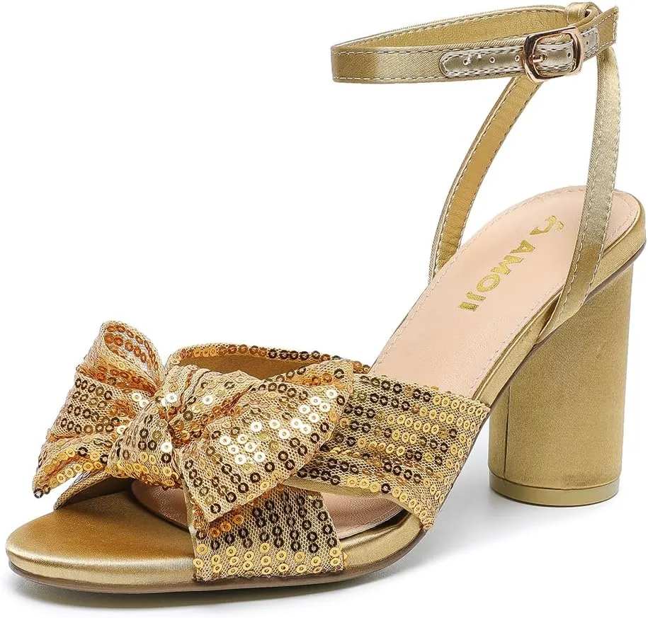 Amoji Women's Block Sequin Heeled 3.7 Inch Sandal Bowknot Ankle Strap Wedding Party Dress Shoes 304