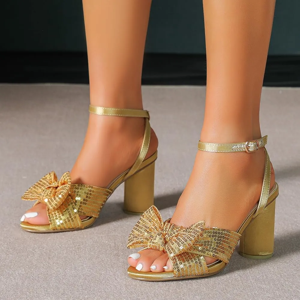 Amoji Women's Block Sequin Heeled 3.7 Inch Sandal Bowknot Ankle Strap Wedding Party Dress Shoes 304