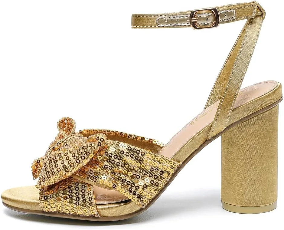 Amoji Women's Block Sequin Heeled 3.7 Inch Sandal Bowknot Ankle Strap Wedding Party Dress Shoes 304