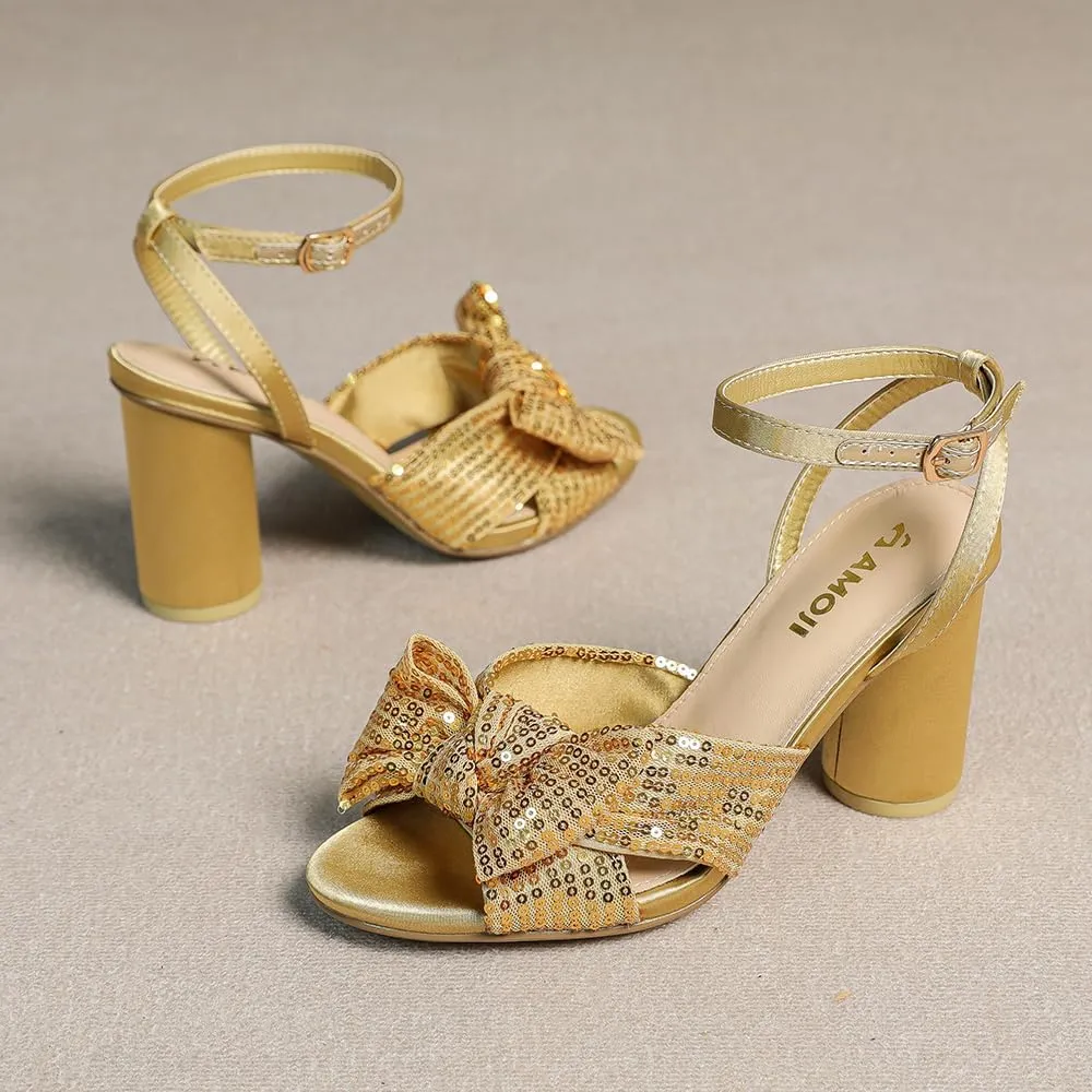 Amoji Women's Block Sequin Heeled 3.7 Inch Sandal Bowknot Ankle Strap Wedding Party Dress Shoes 304