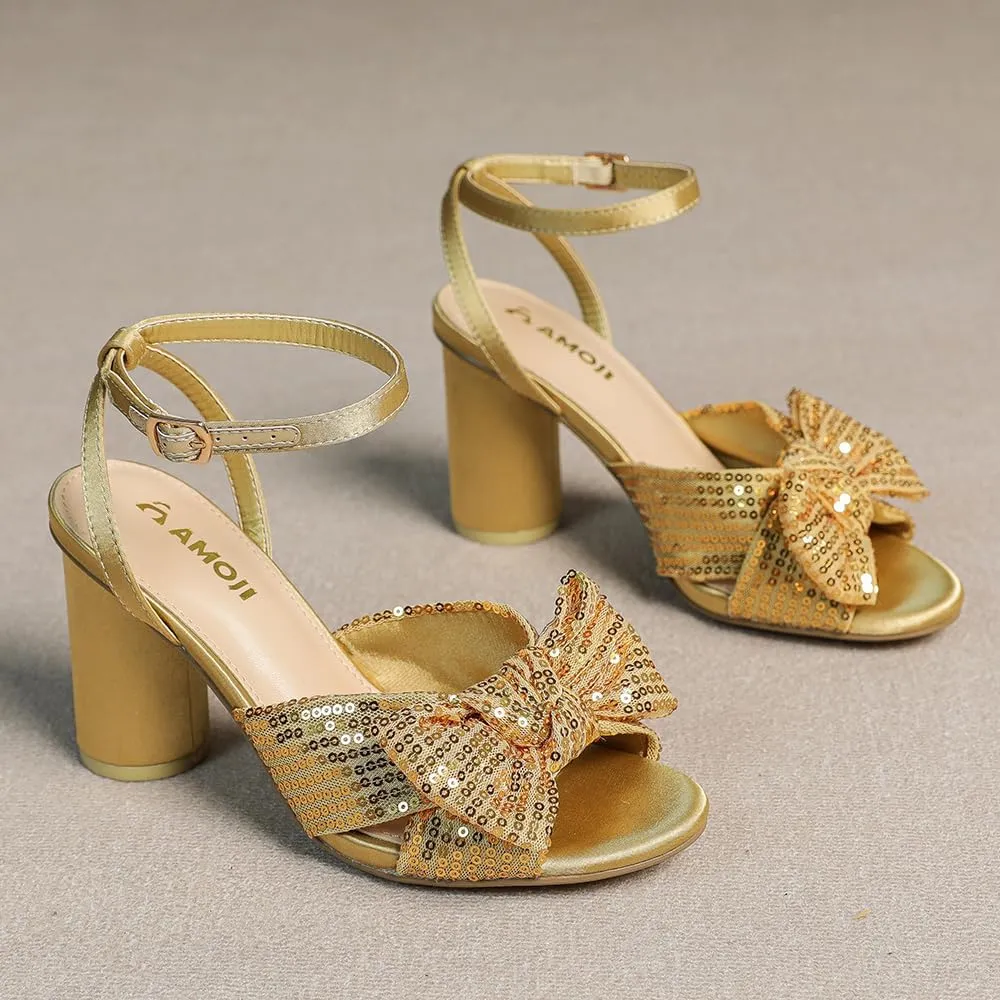 Amoji Women's Block Sequin Heeled 3.7 Inch Sandal Bowknot Ankle Strap Wedding Party Dress Shoes 304