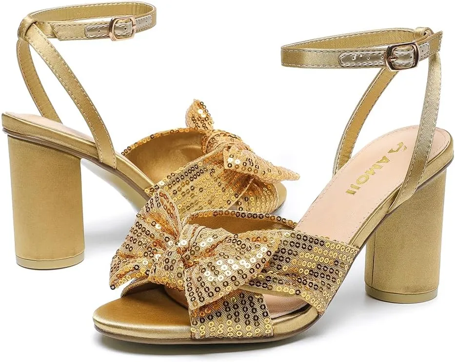 Amoji Women's Block Sequin Heeled 3.7 Inch Sandal Bowknot Ankle Strap Wedding Party Dress Shoes 304