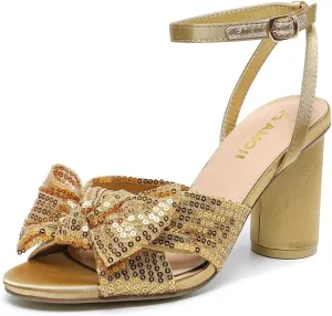 Amoji Women's Block Sequin Heeled 3.7 Inch Sandal Bowknot Ankle Strap Wedding Party Dress Shoes 304