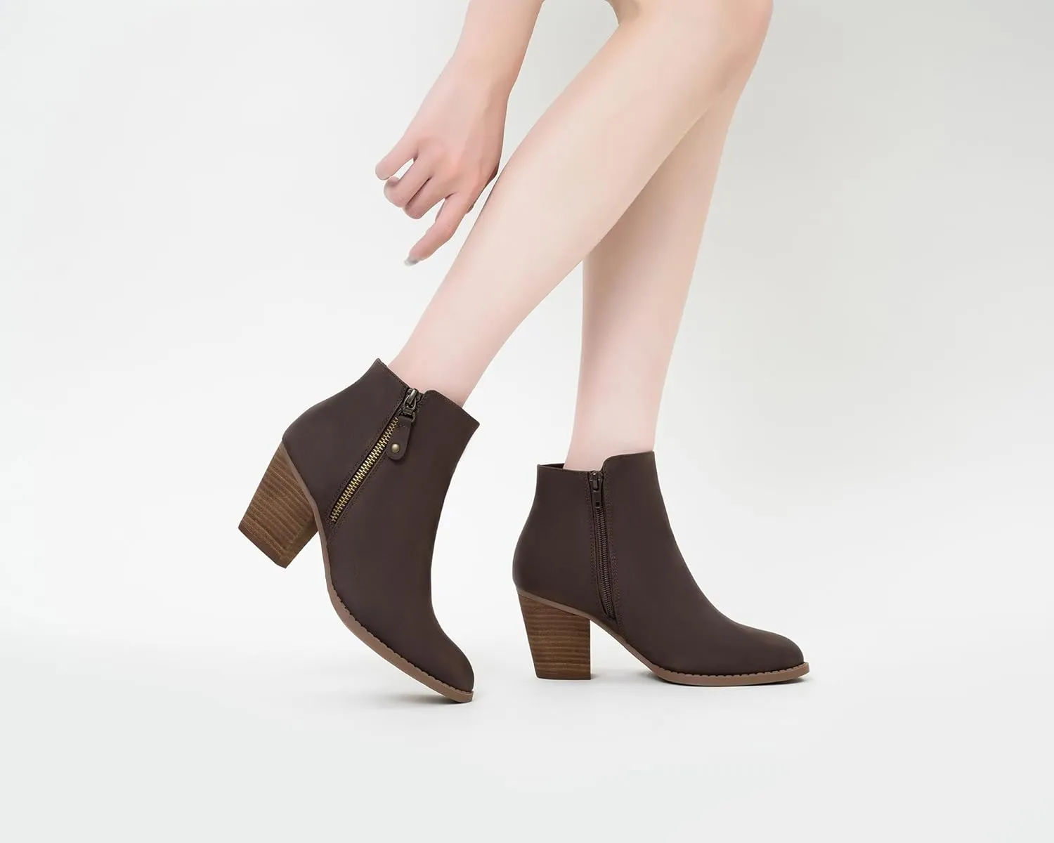 ANJOUFEMME Women's Zipper Chunky Ankle Boots, Stacked Mid Heel Dress Boots, Comfortable Short Booties